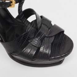 Pre Owned Saint Laurent Black Embossed Lizard Tribute Sandals Size 39