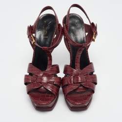 Saint Laurent Burgundy Croc Embossed Leather Tribute Sandals Size 41