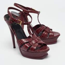 Saint Laurent Burgundy Croc Embossed Leather Tribute Sandals Size 41