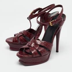 Saint Laurent Burgundy Croc Embossed Leather Tribute Sandals Size 41