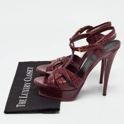 Saint Laurent Burgundy Croc Embossed Leather Tribute Sandals Size 41