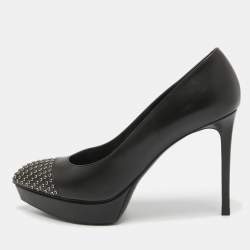 Saint Laurent Black Leather Crystal Embellished Pumps Size 38.5