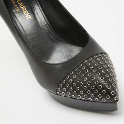 Saint Laurent Black Leather Crystal Embellished Pumps Size 38.5