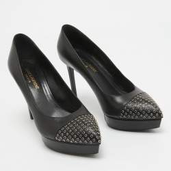 Saint Laurent Black Leather Crystal Embellished Pumps Size 38.5