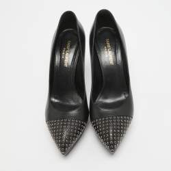 Saint Laurent Black Leather Crystal Embellished Pumps Size 38.5