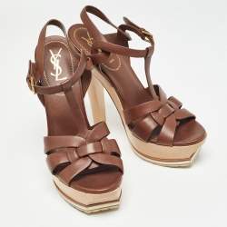 Pre Owned Saint Laurent Paris Brown Leather Tribute  Sandals Size 36.5