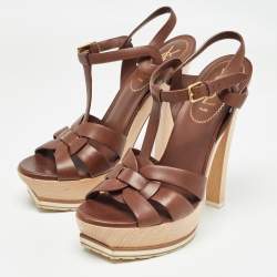Pre Owned Saint Laurent Paris Brown Leather Tribute  Sandals Size 36.5