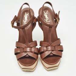 Pre Owned Saint Laurent Paris Brown Leather Tribute  Sandals Size 36.5