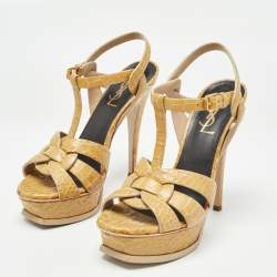 Saint Laurent Yellow Embossed Crocodile Tribute Sandals Size 36.5