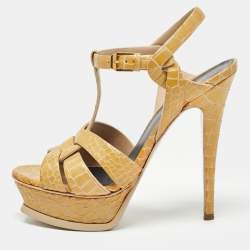 Saint Laurent Yellow Embossed Crocodile Tribute Sandals Size 36.5