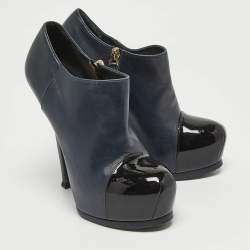 Yves Saint Laurent Navy Blue/Black Leather and Patent Leather Tribute Platform Ankle Booties Size 36