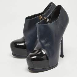 Yves Saint Laurent Navy Blue/Black Leather and Patent Leather Tribute Platform Ankle Booties Size 36