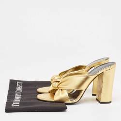 Pre Owned Saint Laurent Gold Leather Bianca Knotted Slide Sandals Size 37