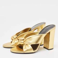 Pre Owned Saint Laurent Gold Leather Bianca Knotted Slide Sandals Size 37