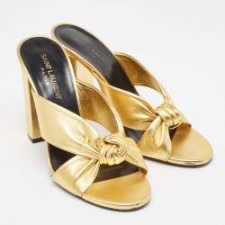 Pre Owned Saint Laurent Gold Leather Bianca Knotted Slide Sandals Size 37