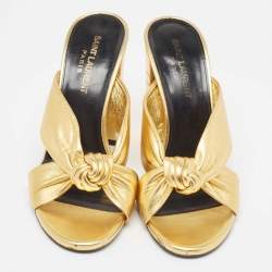 Pre Owned Saint Laurent Gold Leather Bianca Knotted Slide Sandals Size 37