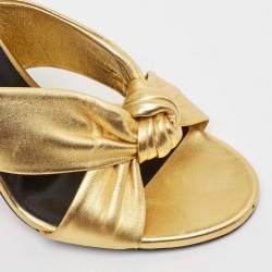 Pre Owned Saint Laurent Gold Leather Bianca Knotted Slide Sandals Size 37
