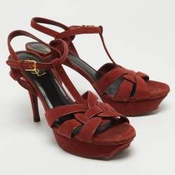 Saint Laurent Red Suede Tribute Platform Sandals Size 40