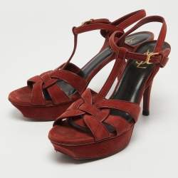 Saint Laurent Red Suede Tribute Platform Sandals Size 40