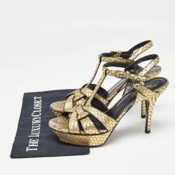 مملوكة مسبقًا Saint Laurent Metallic Gold Python Embossed Leather Tribute Sandals Size 40