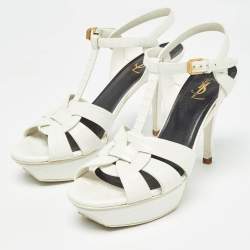 مملوكة مسبقًا Saint Laurent White Lizard Embossed Leather Tribute Sandals Size 40