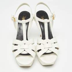 مملوكة مسبقًا Saint Laurent White Lizard Embossed Leather Tribute Sandals Size 40