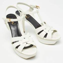 مملوكة مسبقًا Saint Laurent White Lizard Embossed Leather Tribute Sandals Size 40