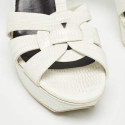 مملوكة مسبقًا Saint Laurent White Lizard Embossed Leather Tribute Sandals Size 40