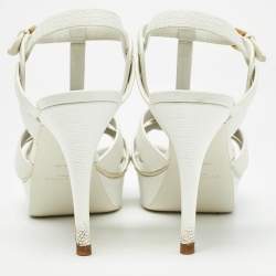 مملوكة مسبقًا Saint Laurent White Lizard Embossed Leather Tribute Sandals Size 40