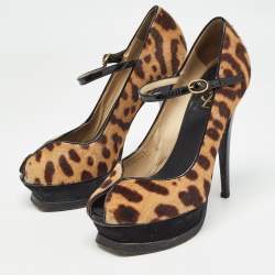 Pre Owned Saint Laurent Black/Brown Calf Hair Animal Print Pumps Size 36