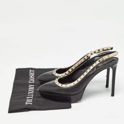 Saint Laurent Paris Black Leather Studded Platform Pointed Toe Slingback Pumps Size 38.5