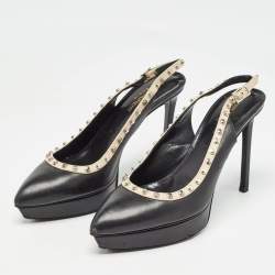 Saint Laurent Paris Black Leather Studded Platform Pointed Toe Slingback Pumps Size 38.5