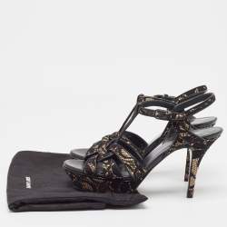 Pre Owned Saint Laurent Paris Black/Beige Lace and Satin Tribute Sandals Size 39.5
