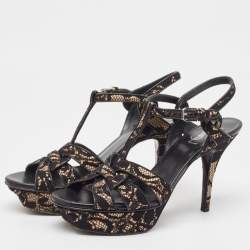 Pre Owned Saint Laurent Paris Black/Beige Lace and Satin Tribute Sandals Size 39.5
