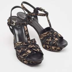 Pre Owned Saint Laurent Paris Black/Beige Lace and Satin Tribute Sandals Size 39.5