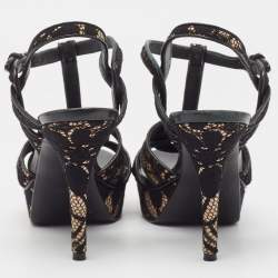 Pre Owned Saint Laurent Paris Black/Beige Lace and Satin Tribute Sandals Size 39.5