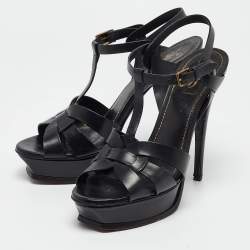 مملوكة مسبقًا Saint Laurent Black Leather Tribute Sandals Size 39.5