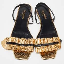 Saint Laurent Gold/Black Python Embossed Leather Edie Slingback Flat Sandals Size 39