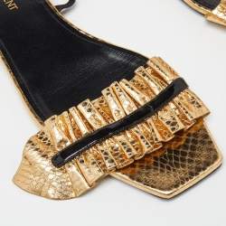 Saint Laurent Gold/Black Python Embossed Leather Edie Slingback Flat Sandals Size 39