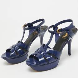 Pre Owned Saint Laurent Navy Blue Patent Leather Tribute Sandals Size 38
