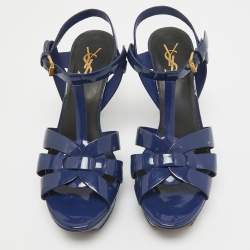Pre Owned Saint Laurent Navy Blue Patent Leather Tribute Sandals Size 38