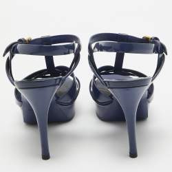 Pre Owned Saint Laurent Navy Blue Patent Leather Tribute Sandals Size 38