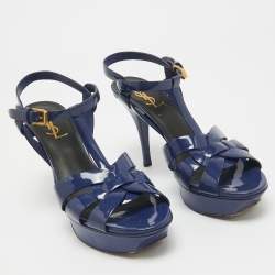 Pre Owned Saint Laurent Navy Blue Patent Leather Tribute Sandals Size 38