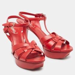 Pre Owned Saint Laurent Red Leather Tribute Ankle Sandals Size 39.5