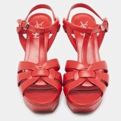 Pre Owned Saint Laurent Red Leather Tribute Ankle Sandals Size 39.5