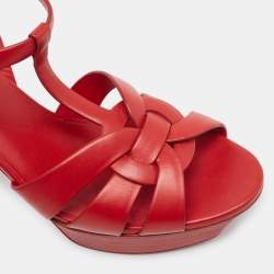 Pre Owned Saint Laurent Red Leather Tribute Ankle Sandals Size 39.5