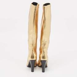 Saint Laurent Gold Python Embossed Leather Lily Knee Length Boots Size 35