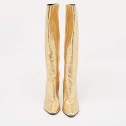 Saint Laurent Gold Python Embossed Leather Lily Knee Length Boots Size 35