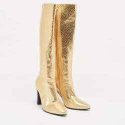 Saint Laurent Gold Python Embossed Leather Lily Knee Length Boots Size 35