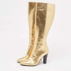 Saint Laurent Gold Python Embossed Leather Lily Knee Length Boots Size 35